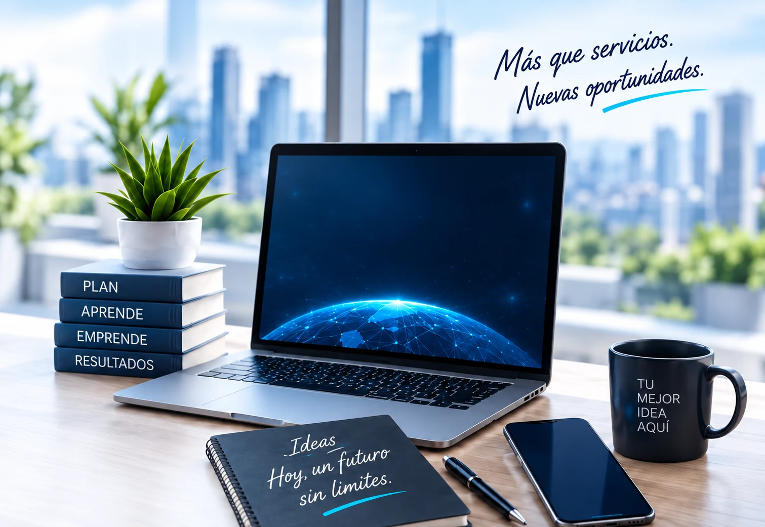 Laptop, planta, libros y herramientas para tu proyecto digital