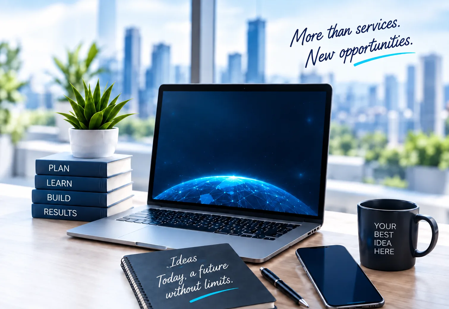 Laptop, plant, books and tools for your digital project